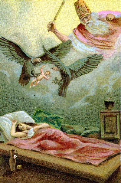 Wonderbaarlijke geboorte van Zarathustra, Iraanse profeet en religieuze hervormer (6e eeuw v.Chr.). Chromolithografie uit de 19e eeuw. door Unknown artist