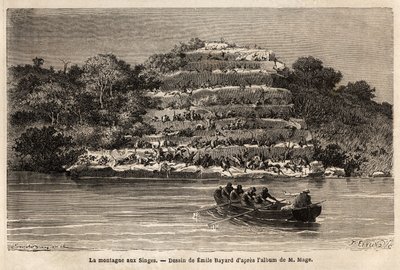 Apenberg, langs de Senegalrivier, kort na de Gouina-watervallen (Mali). Gravure ter illustratie van het verhaal van de reis van luitenant Mage in West-Soedan tussen 1863 en 1866, gepubliceerd in 