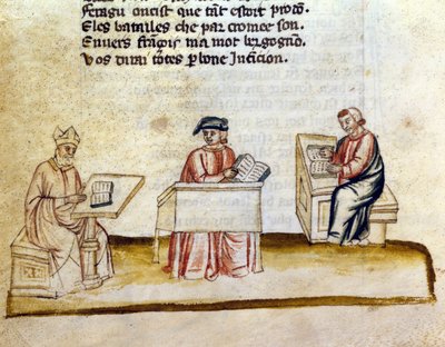 Monniken studeren in een klooster, miniatuur manuscript door Unknown artist