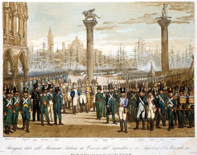 Napoleon I in Venetië op 29 november 1807 voor de Italiaanse marine. Gravure uit 1845 door Unknown artist
