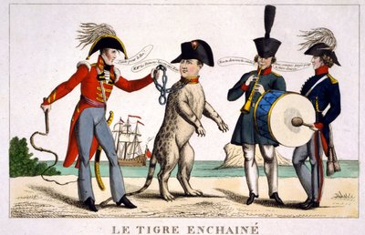 Napoleon I in een geketende tijger vastgehouden door een Britse officier met een zweep. Rusland en Oostenrijk spelen muziek naast hem. Cartoon 1815. door Unknown artist
