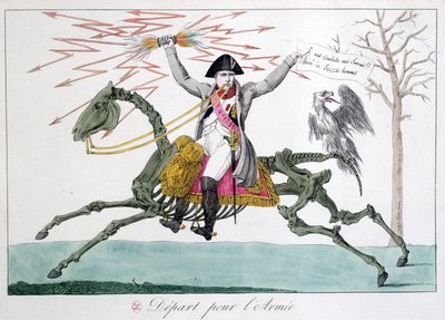Napoleon: karikatuur van een krijgsman op een paardenskelet - in "Napoleon 1er", collectie karikaturen door Unknown artist