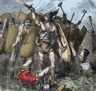 Narses overwint de Ostrogoten - Invasies van de barbaren: Narses (478-573) Byzantijnse generaal, eunuch, van keizer Justinianus I, overwinnaar tegen de Ostrogoten in de Slag bij Taginae, Italië, in het jaar 552. Kleurgravure uit de 19e eeuw door Unknown artist
