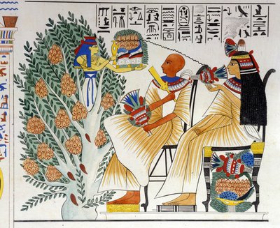 Nephtys, Egyptische godin, komt uit de mystieke boom en biedt voedsel aan de overledene - in 