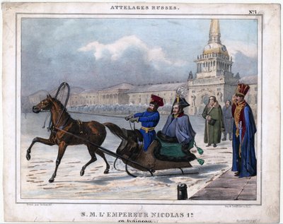 Nicolaas I in een slee - Anoniem - 1850 - Lithografie, aquarel - 21,3x26,8 - Privécollectie door Unknown artist