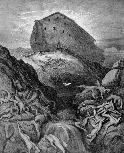 Noach stuurt een duif naar de aarde, volgens Genesis. 19e-eeuwse gravure. door Unknown artist
