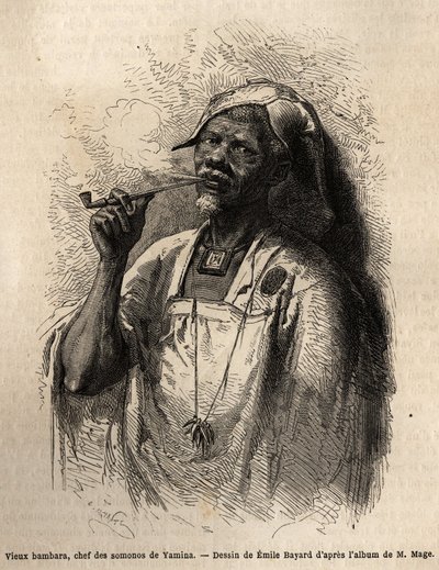 Oude Bambara, stamhoofd in Yamina (Niger) die de pijp rookt en de traditionele hoofddeksel van zijn stam draagt. Gravure ter illustratie van de reis naar West-Soedan van luitenant (marine) M. Mage, in 1863-1866, gepubliceerd in 
