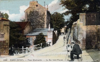 Oud Montmartre: een schilder in St Vincent Street. In oranje het cabaret "Het Agile Konijn" - Ansichtkaart, deb. 20e eeuw. door Unknown Artist