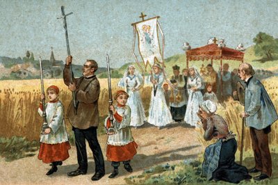Oude gewoonte gevierd in de Berry-regio: de processie in het graan. Religieus feest. Chromolithografie van het einde van de 19e eeuw. door Unknown artist