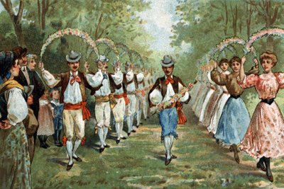 Oude gewoonte gevierd in de regio Languedoc: de dans van de trellas. Chromolithografie van het einde van de 19e eeuw. door Unknown artist