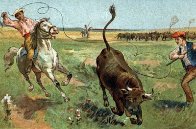 Oude gewoonte gevierd in de Provence: de ferrade in de Camargue. Chromolithografie uit de late 19e eeuw. door Unknown artist