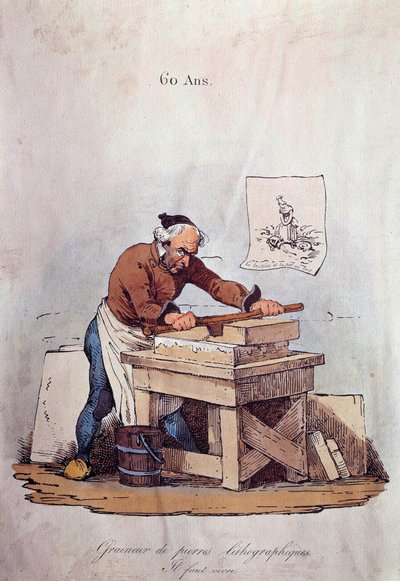 Oude beroepen: de lithografische steenkorrelaar. Dit is een van de stappen in het drukken van lithografieën die bestaat uit het voorbereiden van de steen met inkt. Illustratie uit de 19e eeuw Privécollectie door Unknown artist