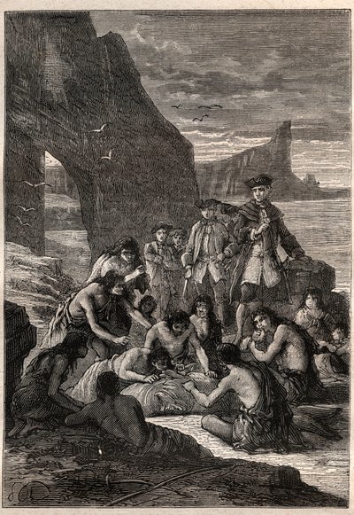 Een van hen ontkoppeld met de tanden: Vice-admiraal John Byron (1723-1786) op een van de eilanden van de Straat van Magellan - de Fuegianen (inwoners van Vuurland) ontkoppelen met hun tanden een walvis die op het strand was aangespoeld en versteend - illus door Unknown artist