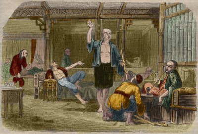 Opiumrokers in China in het midden van de 19e eeuw. Gravure uit 1857 in 