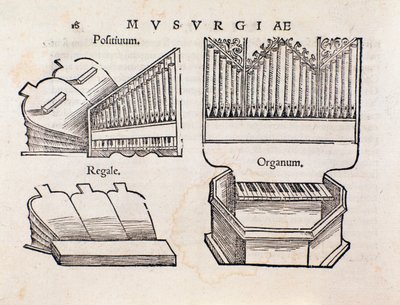 Orgelvoorstelling. Pagina uit Musurgia praktisch handboek van muziek door Unknown artist