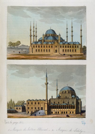 Ottomaanse Rijk: Blauwe Moskee (of Sultanahmet Camii) gebouwd door Sultan Ahmet (Ahmed) I en Moskee van Laleli in Istanbul - in "Het oude en moderne kostuum" door Ferrario, ed. Milaan door Unknown artist