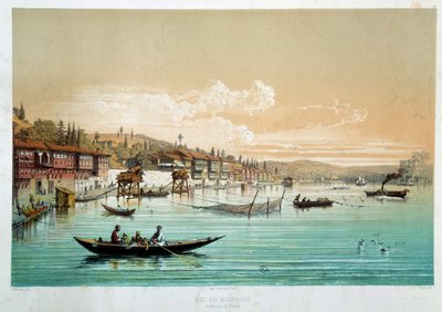 Ottomaanse Rijk: uitzicht op de Bosporus in de buurt van Bebek in Turkije. Vissersscènes. Gravure van de 19e eeuw Parijs, Decoratieve Kunsten door Unknown artist