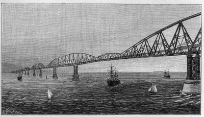 Overzicht van de Brug over het Kanaal, project van een brug die het Kanaal oversteekt om Frankrijk met Engeland te verbinden. Gravure in 