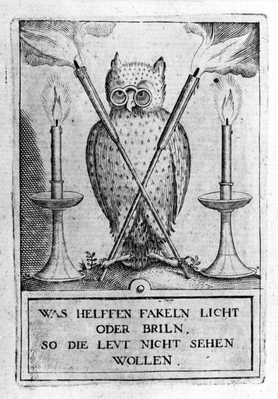 Uil met bril, symbool van wijsheid. Gravure uit 