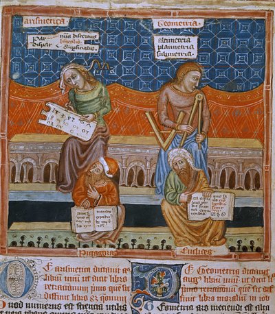 Pagina van een manuscript met de allegorieën van Rekenkunde en Geometrie door Unknown artist