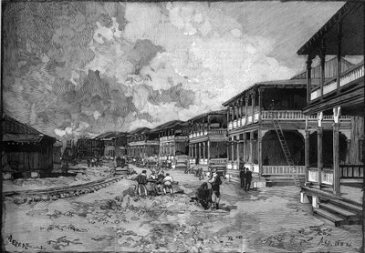 Panamakanaal. Straat van de nieuwe stad van Christoffel Columbus in Colon: arbeiderswoningen. Gravure in 