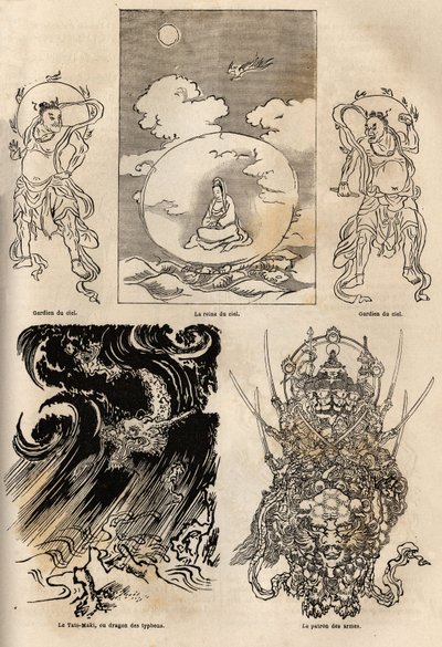 Pantheon van Japanse godheden, traditionele voorstelling van enkele typische figuren: de koningin van de hemel geflankeerd door twee bewakers; de Maki Tats, draak van de tyfoon en de baas van de wapens. Gravure ter illustratie van de reis naar Japan in 186 door Unknown artist