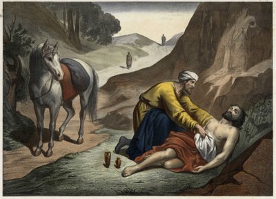 Parabel van de Barmhartige Samaritaan: de Samaritaan stopte onderweg om de stervende man te redden. Anonieme gravure uit het midden van de 19e eeuw. door Unknown artist