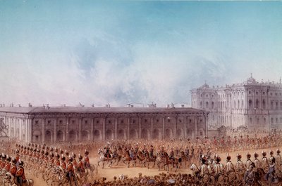 Parade met Alexander II voor het Anetchkoff-paleis in Sint-Petersburg in 1856 door Unknown artist