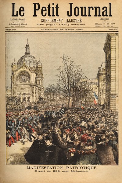 Patriottische demonstratie in Parijs, voor het vertrek van het 200e regiment naar Madagaskar. Gravure in 