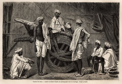 Boeren uit Scind (Punjab-regio, India), naast hun landbouwmachines. Gravure ter illustratie van de reis naar Pandjab en Kashmir, verhaal door Guillaume Lejean, in 1866, gepubliceerd in 