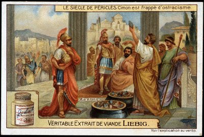 Pericles eeuw (495-429 v.Chr.): staatsman en strateeg Cimon (510-449 v.Chr.) wordt getroffen door ostracisme, in 461 v.Chr. - Liebig chromolithografie door Unknown artist
