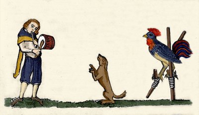 Getrainde huisdieren: een hond en een haan dansen op stelten op het ritme van de trommel. Gravure uit een manuscript uit 1344 van de Bodleyan-bibliotheek van Oxford door Unknown artist