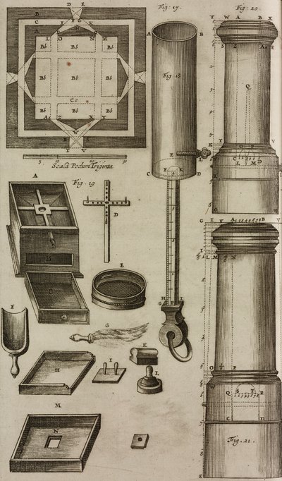Plan van een kruitvat en gereedschap voor de bereiding en opslag van kruit, gravure uit Grand Art d