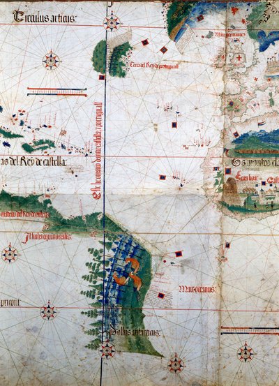 Planisfeer van Cantino: Kaart van Alberto Cantino uit 1502 die de grenslijn toont opgelegd door het Verdrag van Tordesillas (1494) tussen Portugees en Spaans Amerika. Biblioteca Estense. Modena door Unknown artist