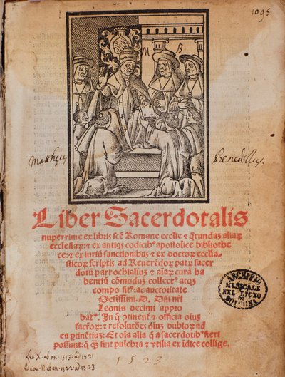 Paus Leo X ontvangt het boek Frontispice van het liturgieboek 