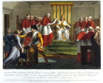Paus Pius VII (1742 - 1823) excommuniceerde Napoleon Bonaparte op 10 juni 1809. Gravure uit de 19e eeuw door Unknown artist
