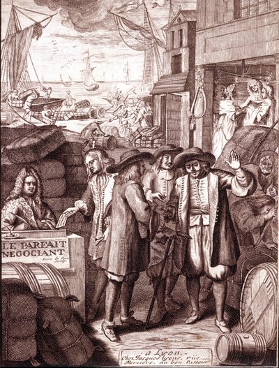 Havenhandelaren in gesprek. 19e-eeuwse gravure. door Unknown artist