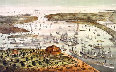 Haven van New York; luchtzicht. Gravure ca. 1892. door Unknown artist
