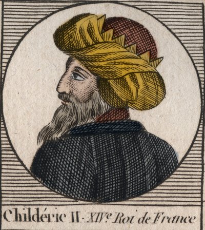 Portret van Childeric II, Koning van de Franken van 670 tot 673 - CHILDERIC II 655-675 Merovingische koning van Frankrijk en Austrasië - gravure uit 