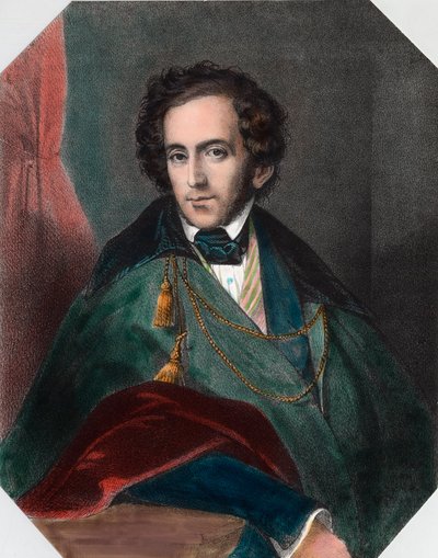 Portret van Felix Mendelssohn (1809 - 1847), Duitse dirigent en componist. Gravure uit de 19e eeuw. Privécollectie. door Unknown artist