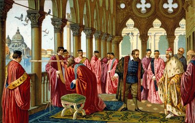 Portret van Galileo Galilei die de verrekijker presenteert aan de Doge in zijn Dogepaleis in Venetië door Unknown artist