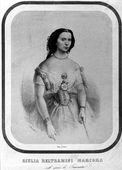 Portret van Giulia Beltramini Marcora in “La traviata” door Giuseppe Verdi. Lithografie uit het einde van de 19e eeuw door Unknown artist