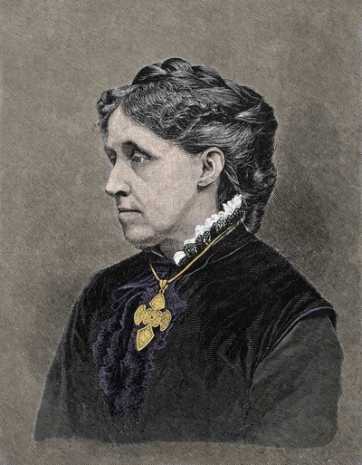 Portret van Louisa May Alcott (1832-1888), Amerikaanse romanschrijfster. 19e-eeuwse kleuren gravure door Unknown artist
