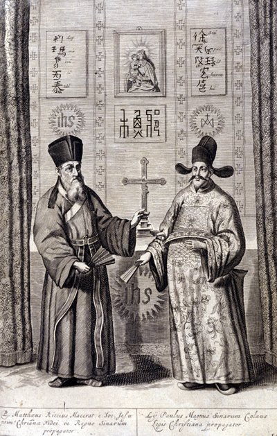 Portret van Matteo Ricci (links), Italiaanse jezuïet en Paul Ly, grote verspreider van het christelijk geloof in China, gravure van 