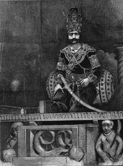 Portret van Nasir Al-Din, sjah van Perzië op zijn troon. door Unknown artist