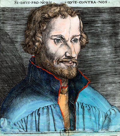 Portret van Philippe Schwarzerd, bekend als Melanchton (1497 - 1560), Duitse protestantse hervormer (Luthers). Gravure uit de 16e eeuw. Privécollectie. door Unknown artist