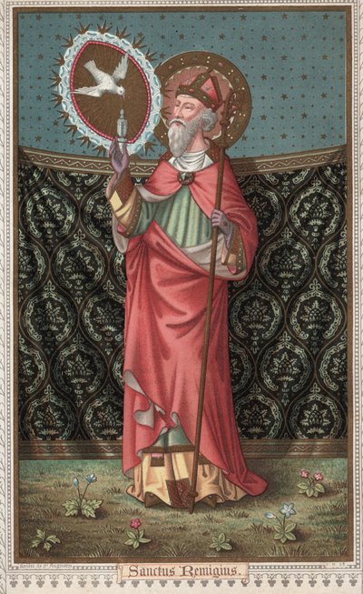 Portret van Saint Remi (437-533) bezoek door de duif van de Heilige Geest. Chromolithografie uit de late 19e eeuw. door Unknown artist