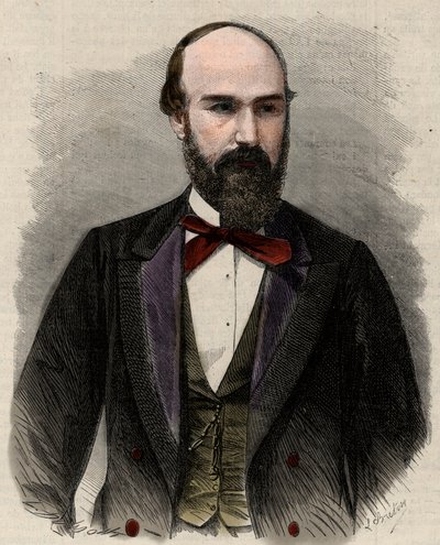 Portret van Santos Gutierrez (1820-1872), politicus en voormalig president van de Verenigde Staten van Colombia. Gravure in 