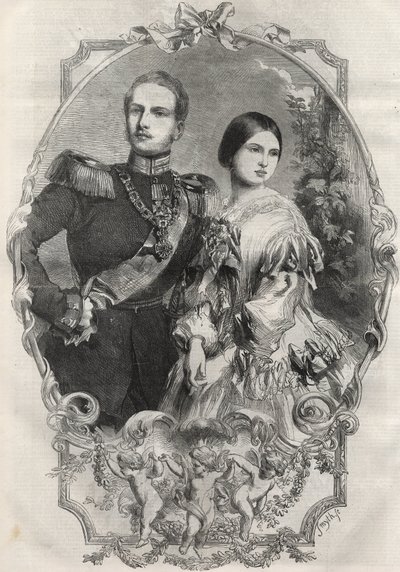 Portret van Hare Koninklijke Hoogheden Prinses Victoria (1840-1901) (Koningin Victoria) en Kroonprins Frederik Willem van Pruisen (1831-1888). Gravure uit 1858 door Unknown artist