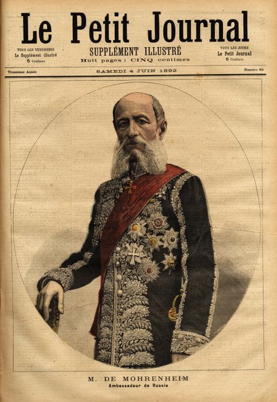 Portret van de Baron van Mohrenheim, Russische ambassadeur in Frankrijk van 1884 tot 1898. Gravure in 